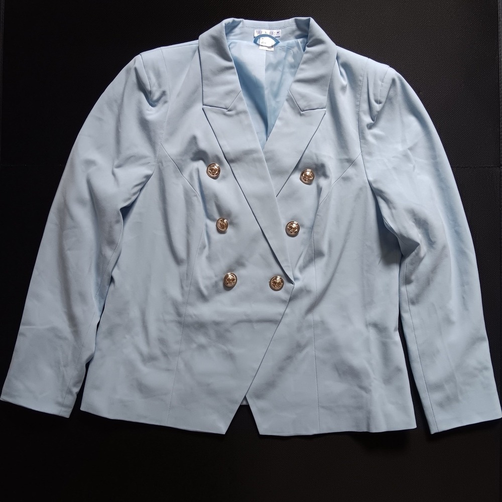 Venus Double Breasted Blazer Womens 18 Light Blue Gold Crest Buttons Excellent